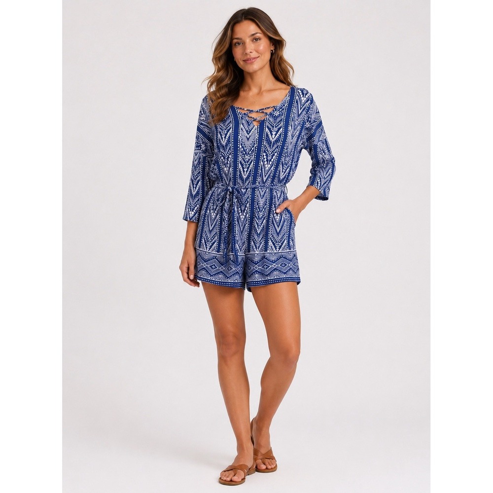 NWT Market & Spruce Fraya Knit Romper Womens L Blue Belted Long Sleeve Boho
